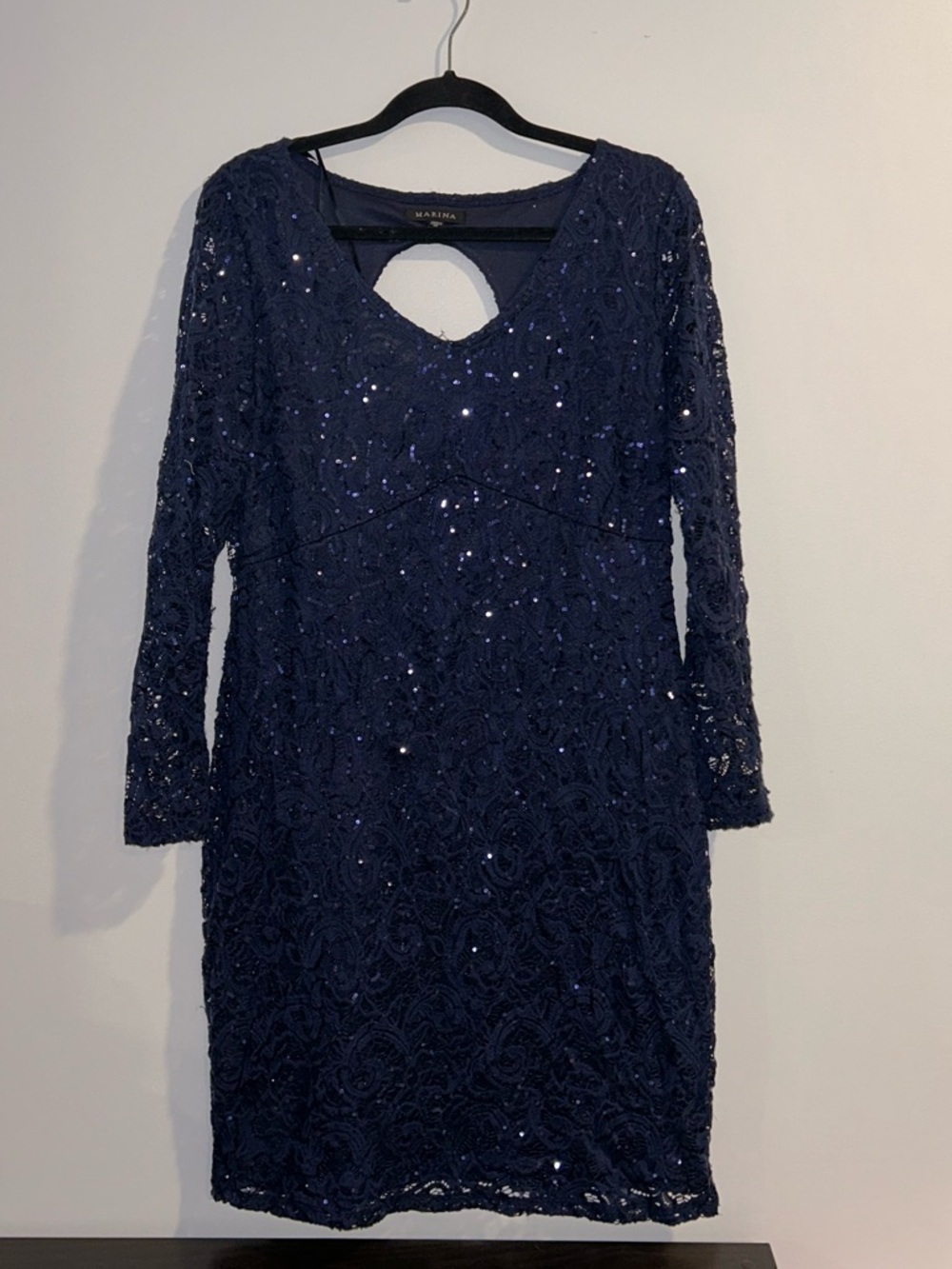 MARINA Navy Sequin Lace Long-Sleeve Dress
